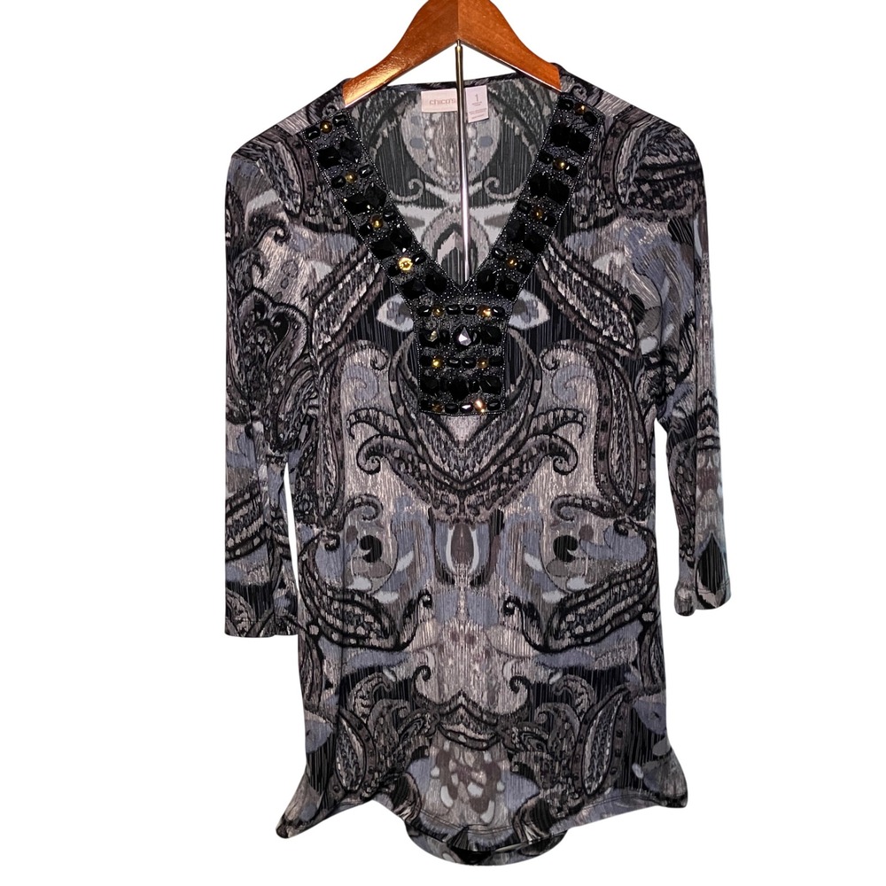 Chico's Paisley Jeweled Top Women 1 Grey Excellent 3/4 Sleeve V-Neck Blouse